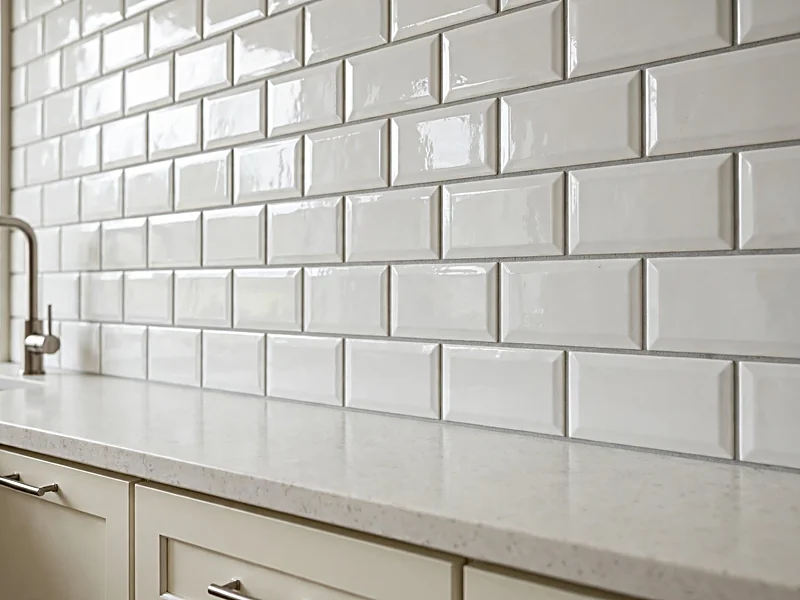 White staggered subway tile backsplash above a kitchen countertop with cream cabinets and light gray grout.