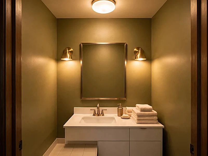 Windowless bathroom with muted olive walls, warm vanity sconces, ceiling lighting, and white sink.