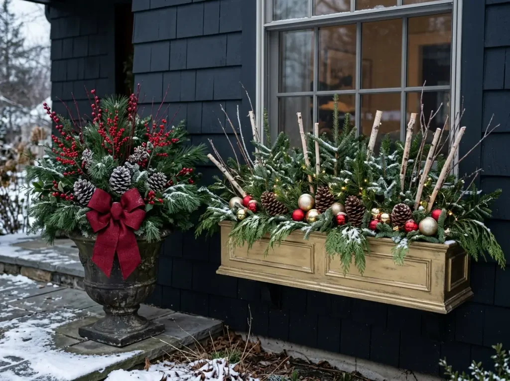 Winter planter with pine sprigs, cranberry stems, pinecones, and a bow beside a decorated window box.