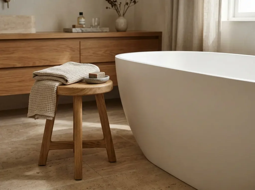 Oak stool and stone soap dish adding natural texture beside a bathtub
