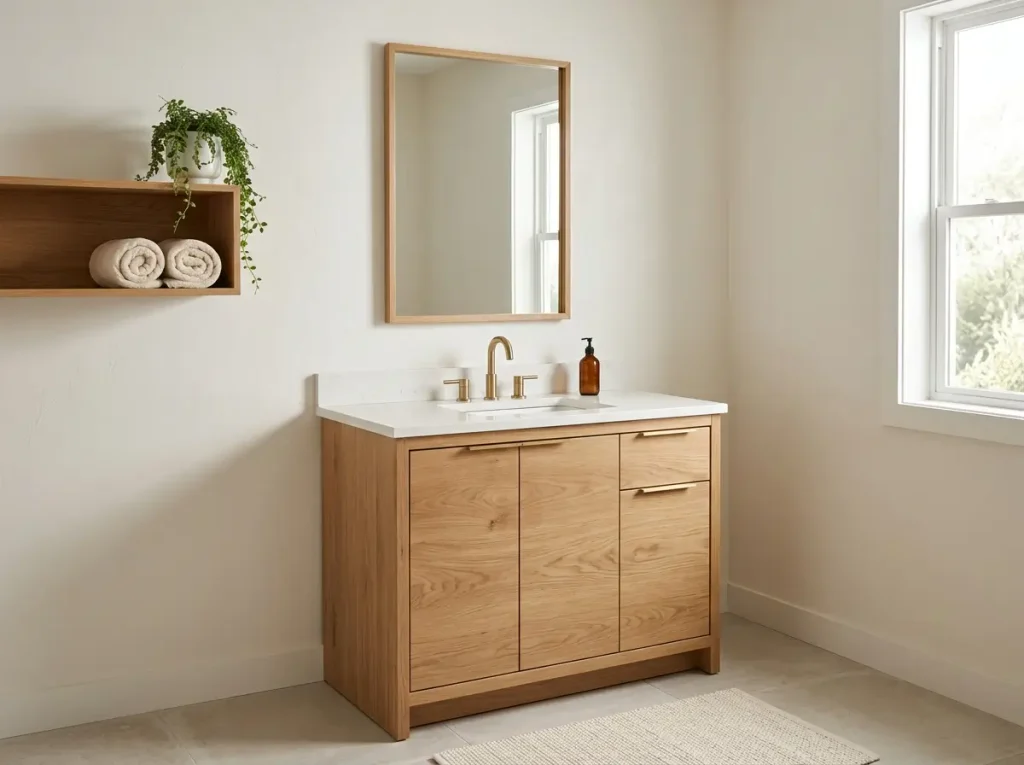 Bathroom with an oak vanity, brushed gold faucet and pulls, a wood-framed mirror, and an open wood shelf
