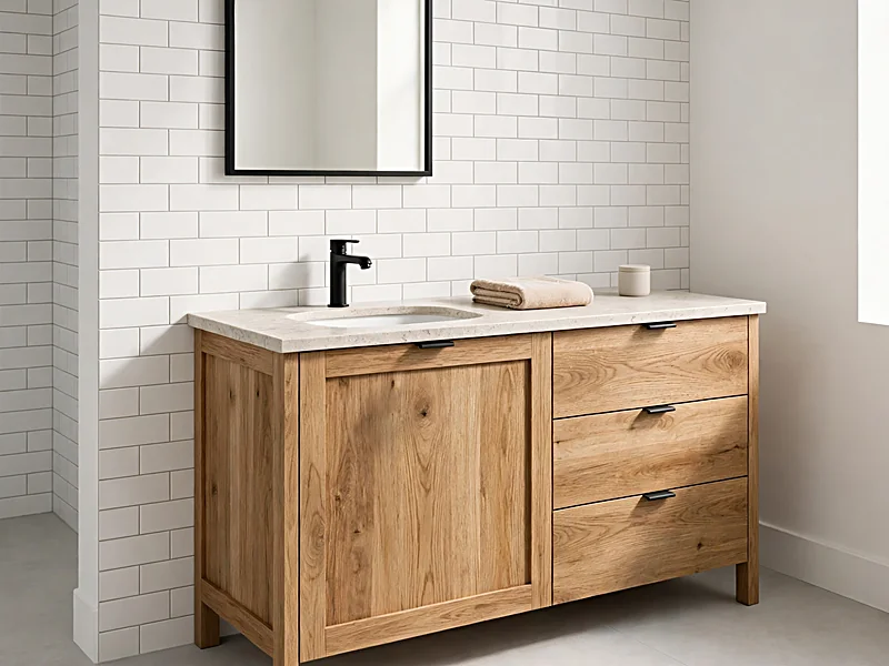 Natural oak bathroom vanity with white tile walls, a black-framed mirror, and matte black faucet.