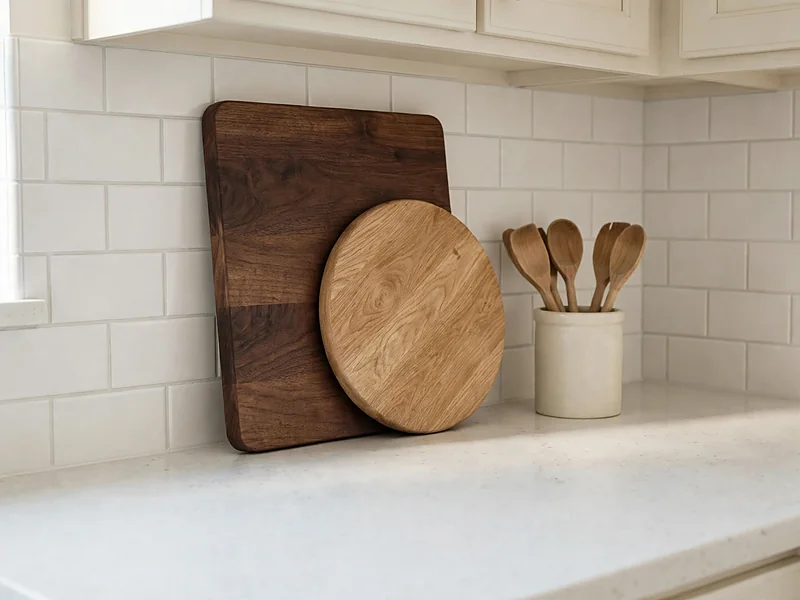 Round and rectangular wooden cutting boards leaned against white subway tile in a kitchen.