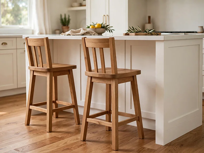 Two wooden counter stools with backs placed beneath a white kitchen island.