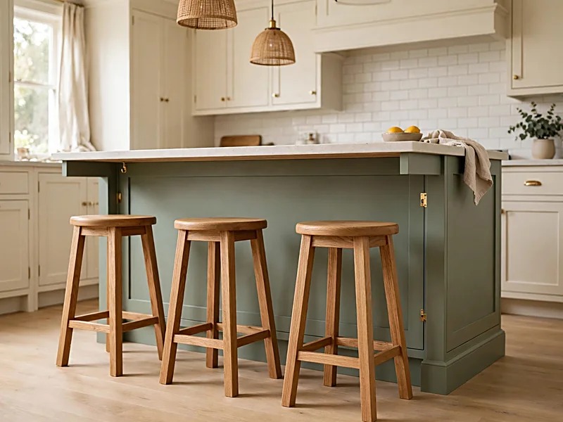 Natural oak counter stools tucked beneath a sage green kitchen island with a pale stone countertop.