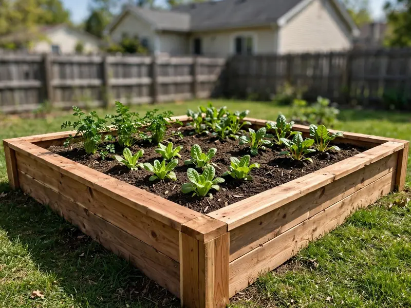 Square cedar raised garden bed planted with leafy vegetables and herbs in a sunny suburban backyard.