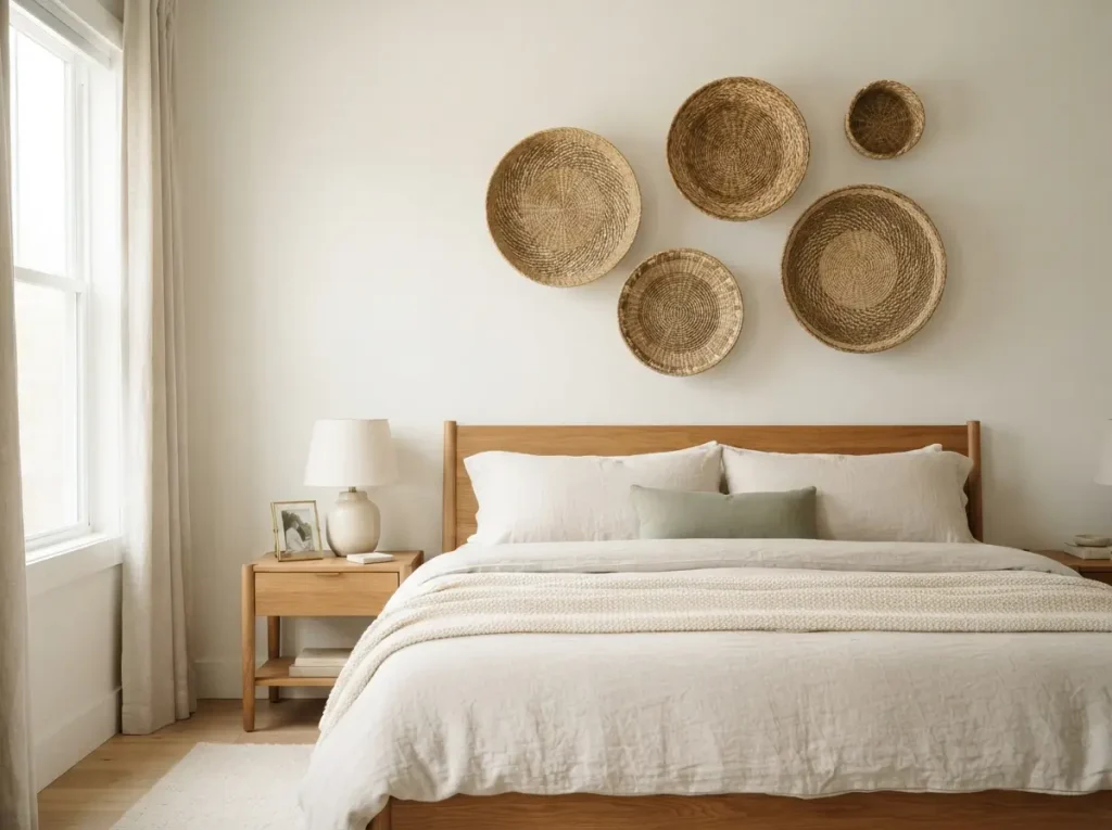 Five round woven baskets in different sizes arranged on a bedroom wall in an odd number
