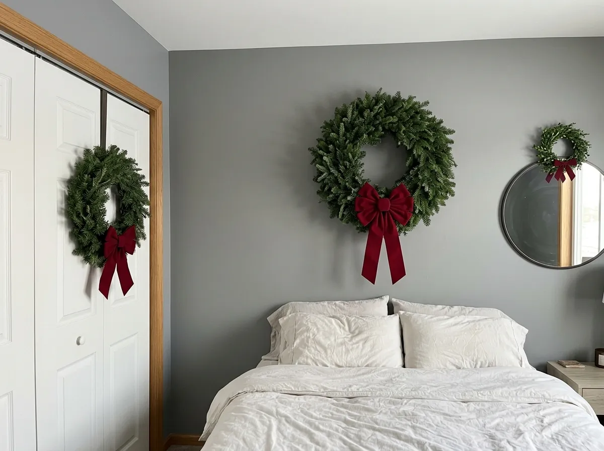 Wreaths hung above a bed, around a mirror, and on a closet door with an over the door hook