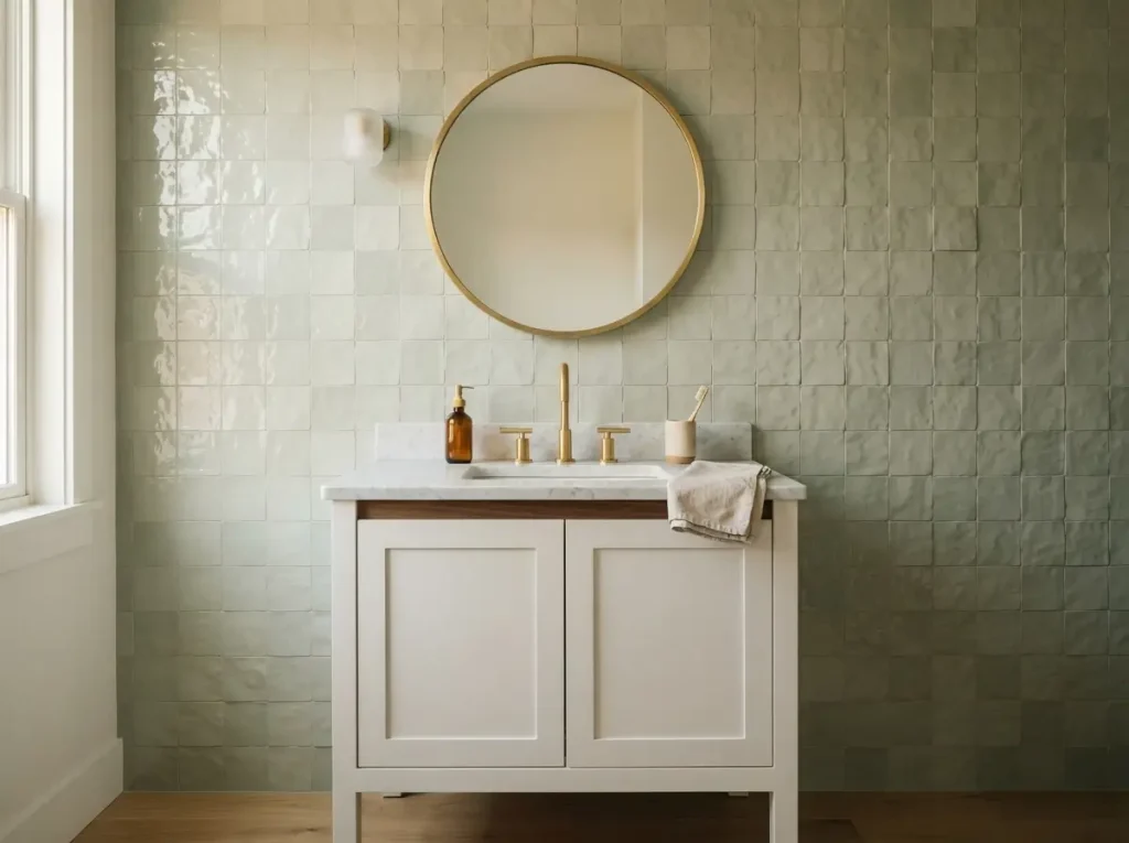 Handmade zellige tile bathroom wall with uneven glaze catching the light
